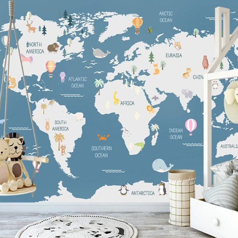 Kids World Map Wallpaper Mural - Educational Wall Decor-Kids Room Wallpaper