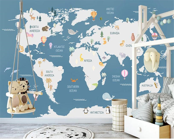 Kids World Map Wallpaper Mural - Educational Wall Decor-Kids Room Wallpaper