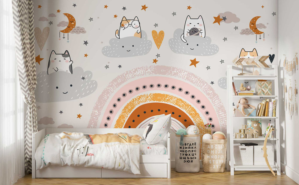 Kitty on Clouds - Girls Room Wallpaper Mural-Kids Room Wallpaper