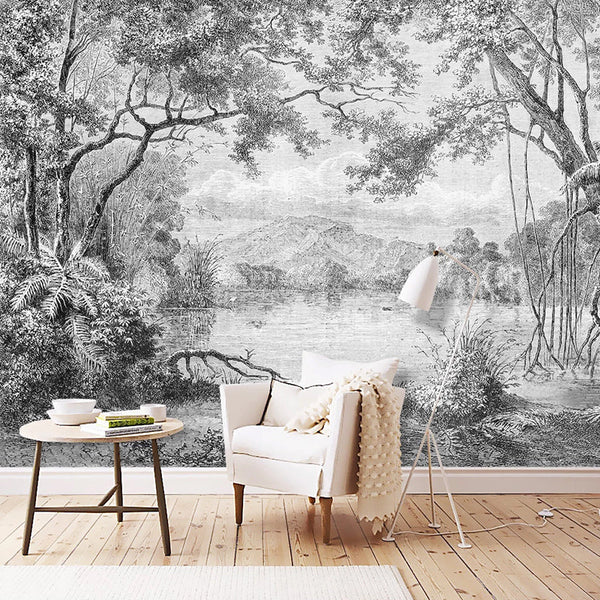 Lake View Sketch Wallpaper - Perfect Serene Atmosphere-Trees Wallpaper