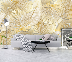 Large Golden Monstera Leaves Wallpaper Mural-Flower & Leaf Wallpaper