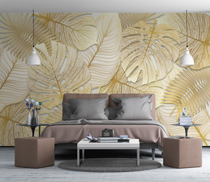 Large Golden Monstera Leaves Wallpaper Mural-Flower & Leaf Wallpaper