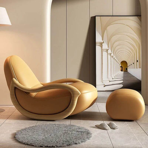 Leather Rocking Chair Nested in Oak Wood-Recliners