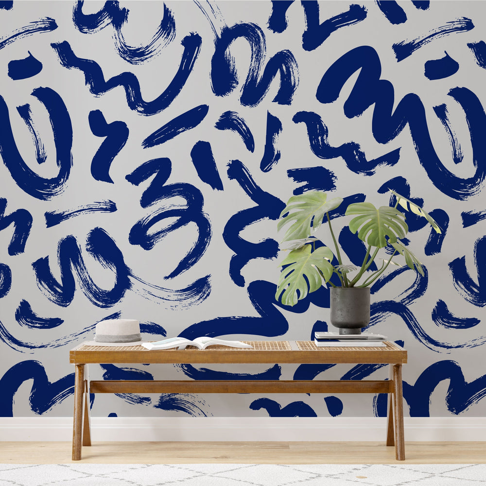 Let's Brush it Blue - Living Room Wallpaper Mural-Geometric Shapes Wallpaper