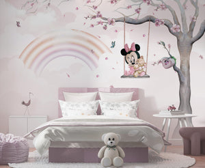Minnie on Swing - Girls Nursery Wallpaper Mural-Kids Room Wallpaper