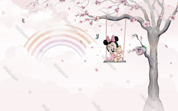 Minnie on Swing - Girls Nursery Wallpaper Mural-Kids Room Wallpaper