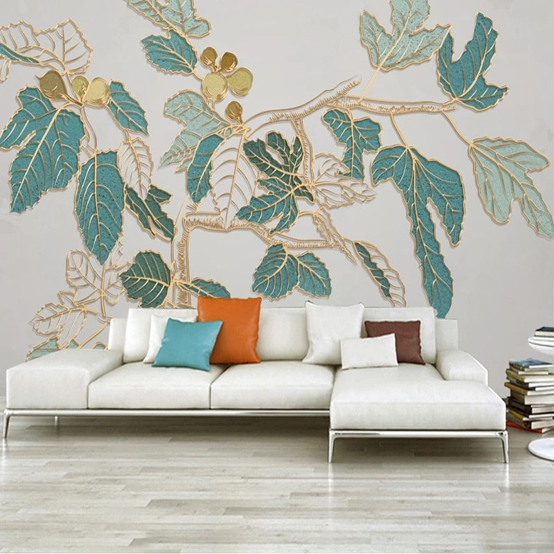 Nordic Golden Embossed Line Leaf Wallpaper for Home Wall Decor-Flower & Leaf Wallpaper