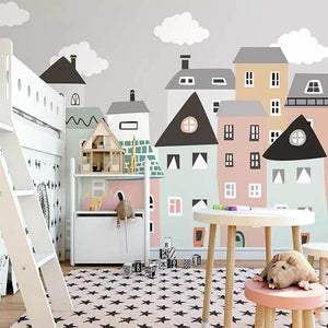 Pastel Color Houses Theme Nursery Wallpaper-Kids Room Wallpaper