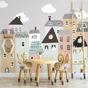 Pastel Color Houses Theme Nursery Wallpaper-Kids Room Wallpaper