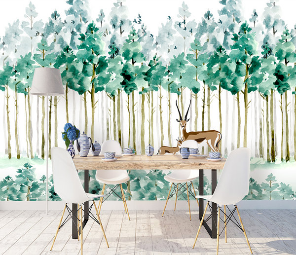 Pastel Greens: Forest Trees Wallpaper Murals-Trees Wallpaper