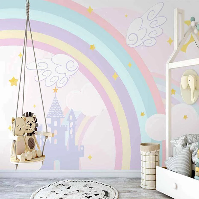 Pink Castle with Rainbow Nursery Wallpaper-Kids Room Wallpaper