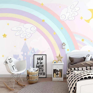 Pink Castle with Rainbow Nursery Wallpaper-Kids Room Wallpaper