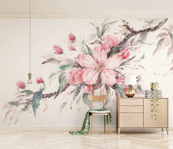 Pink Flowers Stem Blossom Wallpaper Mural-Flower & Leaf Wallpaper