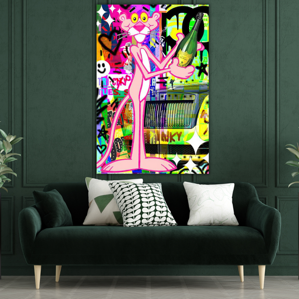 Pink Panther Enjoying Champagne Canvas Poster Canvas Wall Art-Wall Posters
