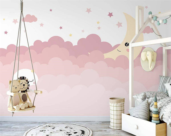 Pink Shade Cloud Waves and Moon Nursery Wallpaper-Kids Room Wallpaper