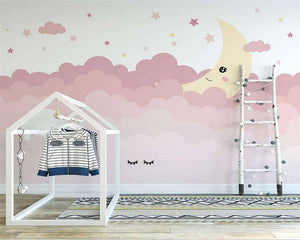 Pink Shade Cloud Waves and Moon Nursery Wallpaper-Kids Room Wallpaper
