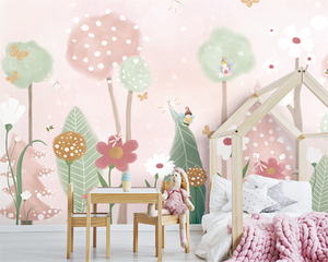 Pink and Green Shade Forest with Fairies Flying Nursery Wallpaper-Kids Room Wallpaper