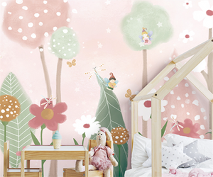 Pink and Green Shade Forest with Fairies Flying Nursery Wallpaper-Kids Room Wallpaper
