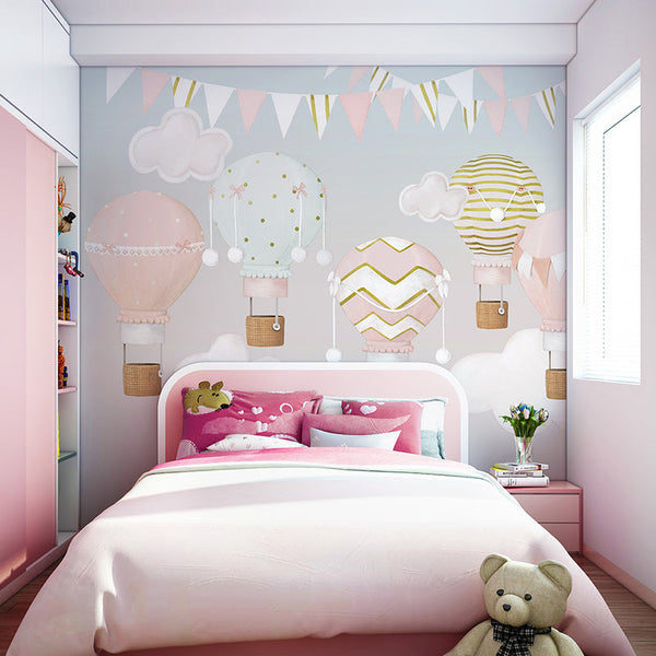 Pinkish Sky with Air Balloons Nursery Wallpaper-Kids Room Wallpaper
