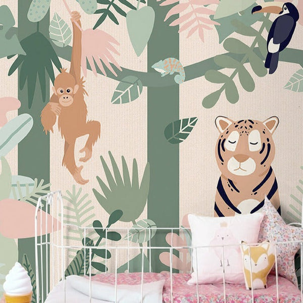 Playful Jungle Friends Wallpaper-Kids Room Wallpaper