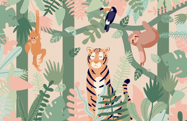 Playful Jungle Friends Wallpaper-Kids Room Wallpaper
