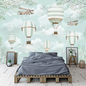 Polar Bears Flying on Air Balloons Nursery Wallpaper-Kids Room Wallpaper