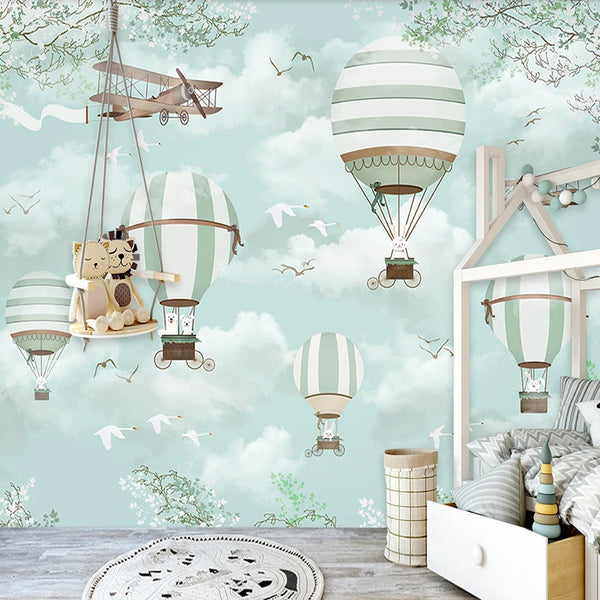 Polar Bears Flying on Air Balloons Nursery Wallpaper-Kids Room Wallpaper