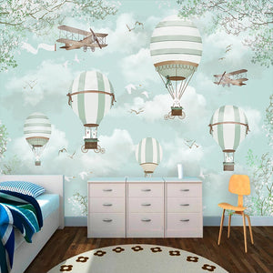 Polar Bears Flying on Air Balloons Nursery Wallpaper-Kids Room Wallpaper
