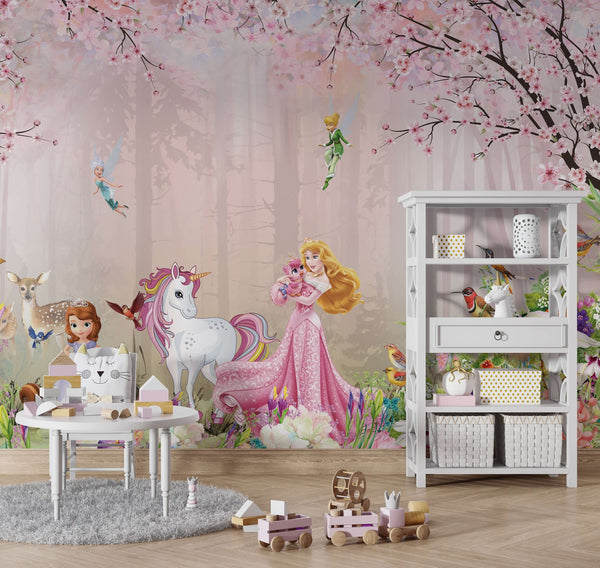 Princess Aurora Pink Floral Girls Room Wallpaper-Kids Room Wallpaper