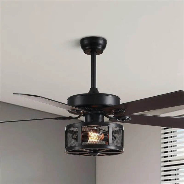Retro Black Ceiling Fan Drum Style Wood Blades-Ceiling Fans