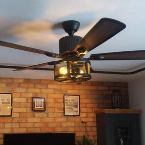 Retro Black Ceiling Fan Drum Style Wood Blades-Ceiling Fans