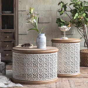 Retro Round Pine Wood Coffee Table Set of 3-Coffee Table