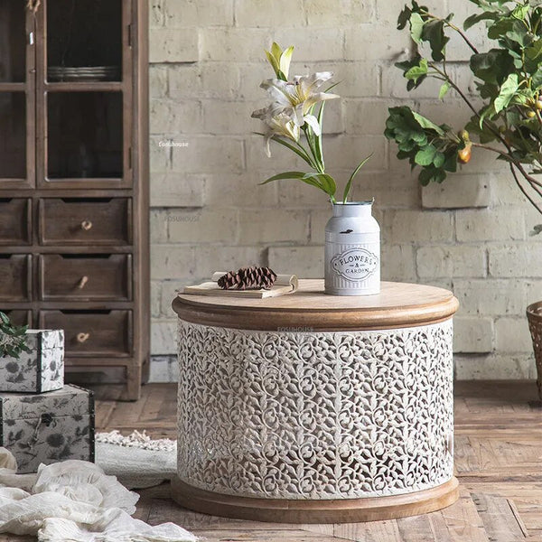 Retro Round Pine Wood Coffee Table Set of 3-Coffee Table