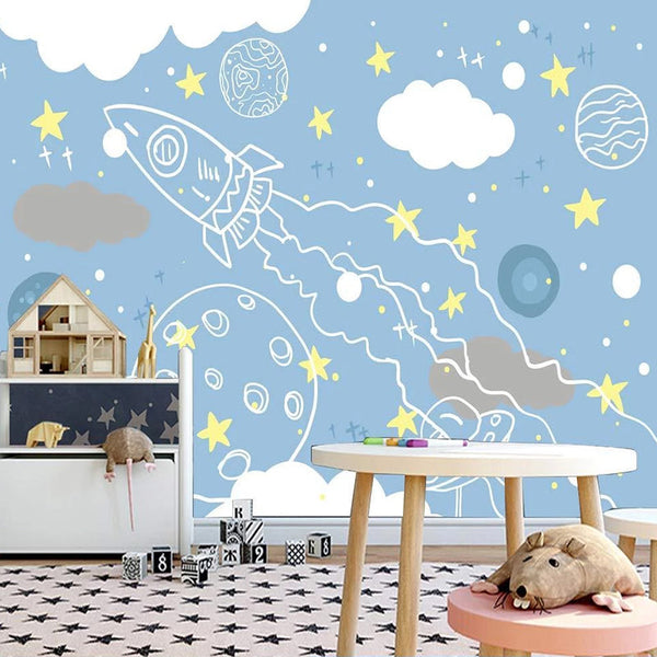 Rocket to Space Sketch Nursery Wallpaper-Kids Room Wallpaper