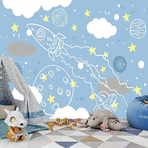 Rocket to Space Sketch Nursery Wallpaper-Kids Room Wallpaper