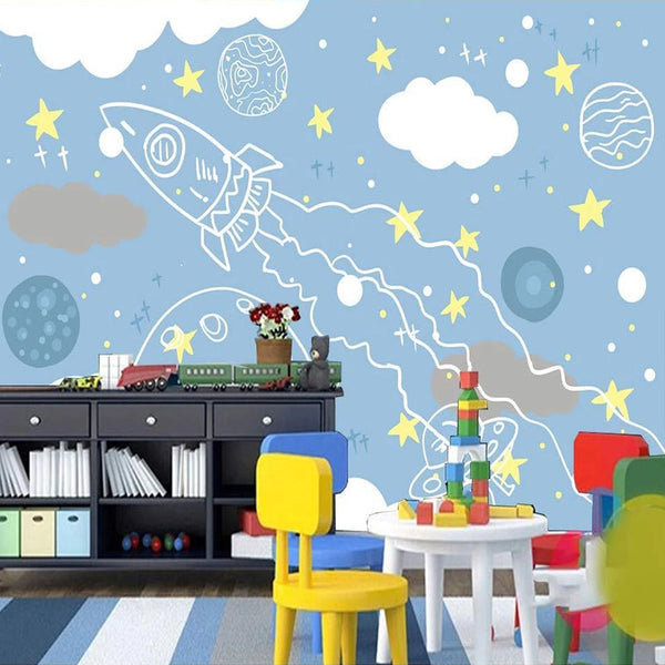 Rocket to Space Sketch Nursery Wallpaper-Kids Room Wallpaper