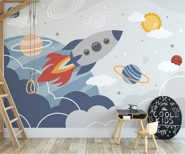 Rocket to Space over Earth Nursery Wallpaper-Kids Room Wallpaper