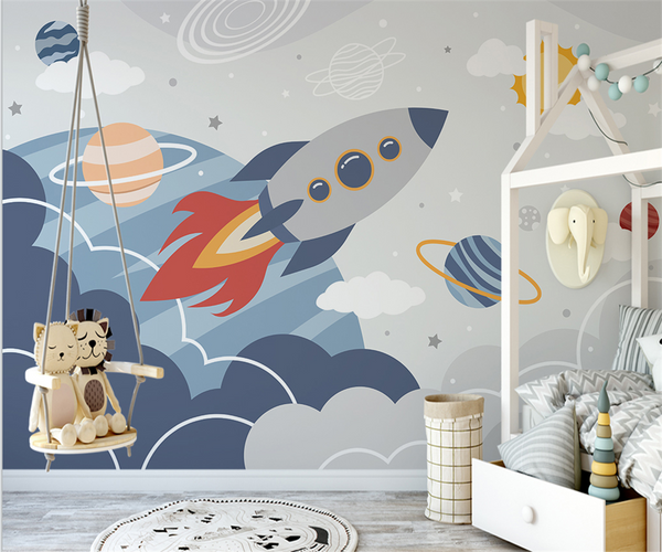 Rocket to Space over Earth Nursery Wallpaper-Kids Room Wallpaper