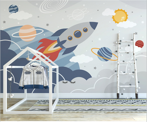 Rocket to Space over Earth Nursery Wallpaper-Kids Room Wallpaper