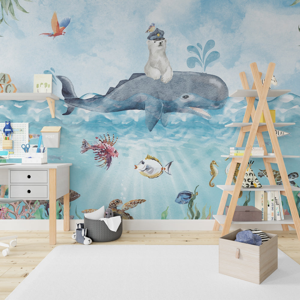 Sea Whale Captain - Kids Nursery Wallpaper Mural-Kids Room Wallpaper