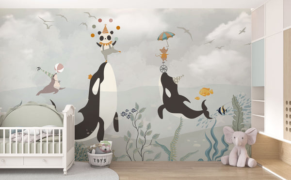Sea Whale Circus - Kids Room Wallpaper Mural-Kids Room Wallpaper