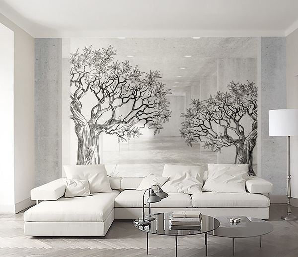 Sketchy Twin Trees Wallpaper Murals – Transform your space-Trees Wallpaper