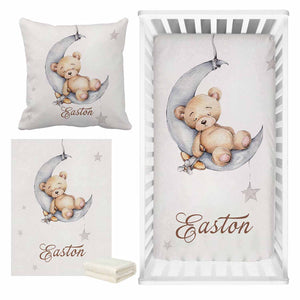 Sleepy Bear on Moon Baby Name Cot Bedding Set | Baby Shower Gift Bedding Set-Crib Bedding