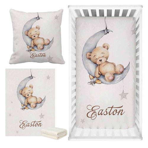 Sleepy Bear on Moon Baby Name Cot Bedding Set | Baby Shower Gift Bedding Set-Crib Bedding