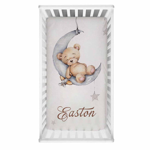 Sleepy Bear on Moon Baby Name Cot Bedding Set | Baby Shower Gift Bedding Set-Crib Bedding