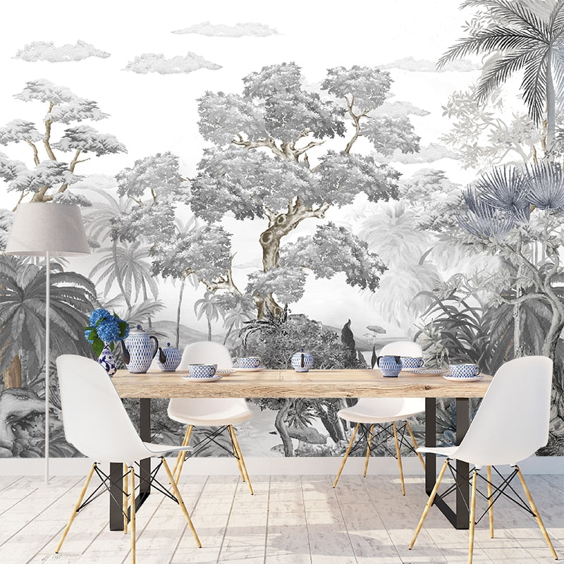Sophisticated Monochrome Jungle Mural Wallpaper-Trees Wallpaper