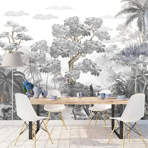 Sophisticated Monochrome Jungle Mural Wallpaper-Trees Wallpaper