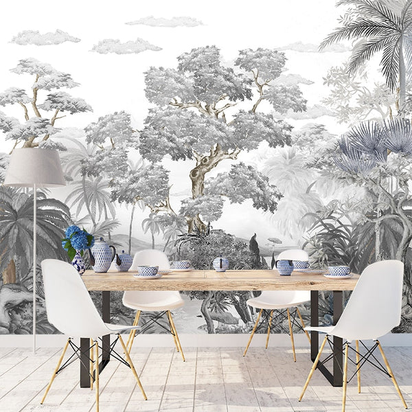 Sophisticated Monochrome Jungle Mural Wallpaper-Trees Wallpaper
