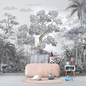 Sophisticated Monochrome Jungle Mural Wallpaper-Trees Wallpaper