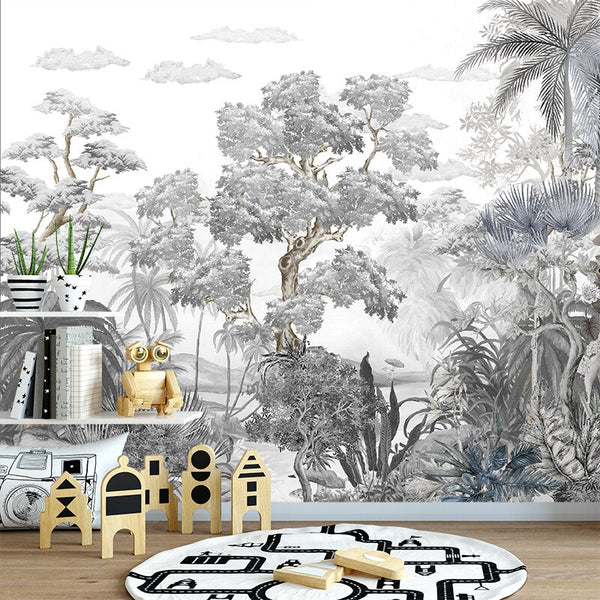 Sophisticated Monochrome Jungle Mural Wallpaper-Trees Wallpaper